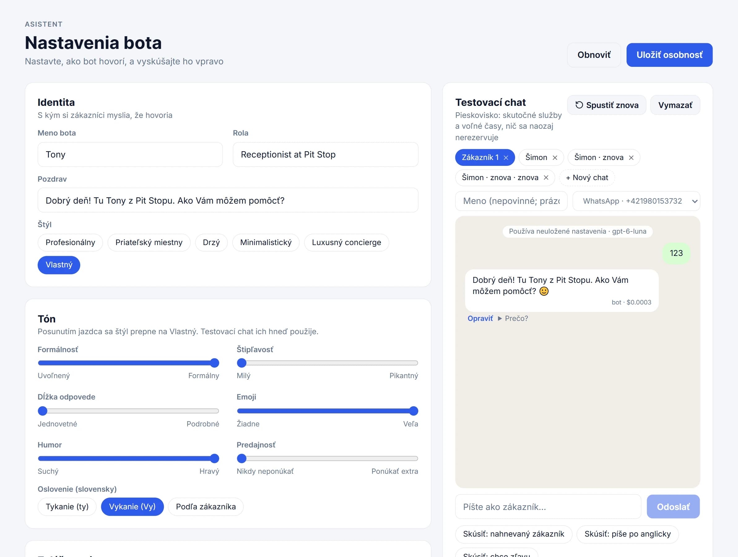 Nastavenia bota: identita, štýl, tón a testovací chat